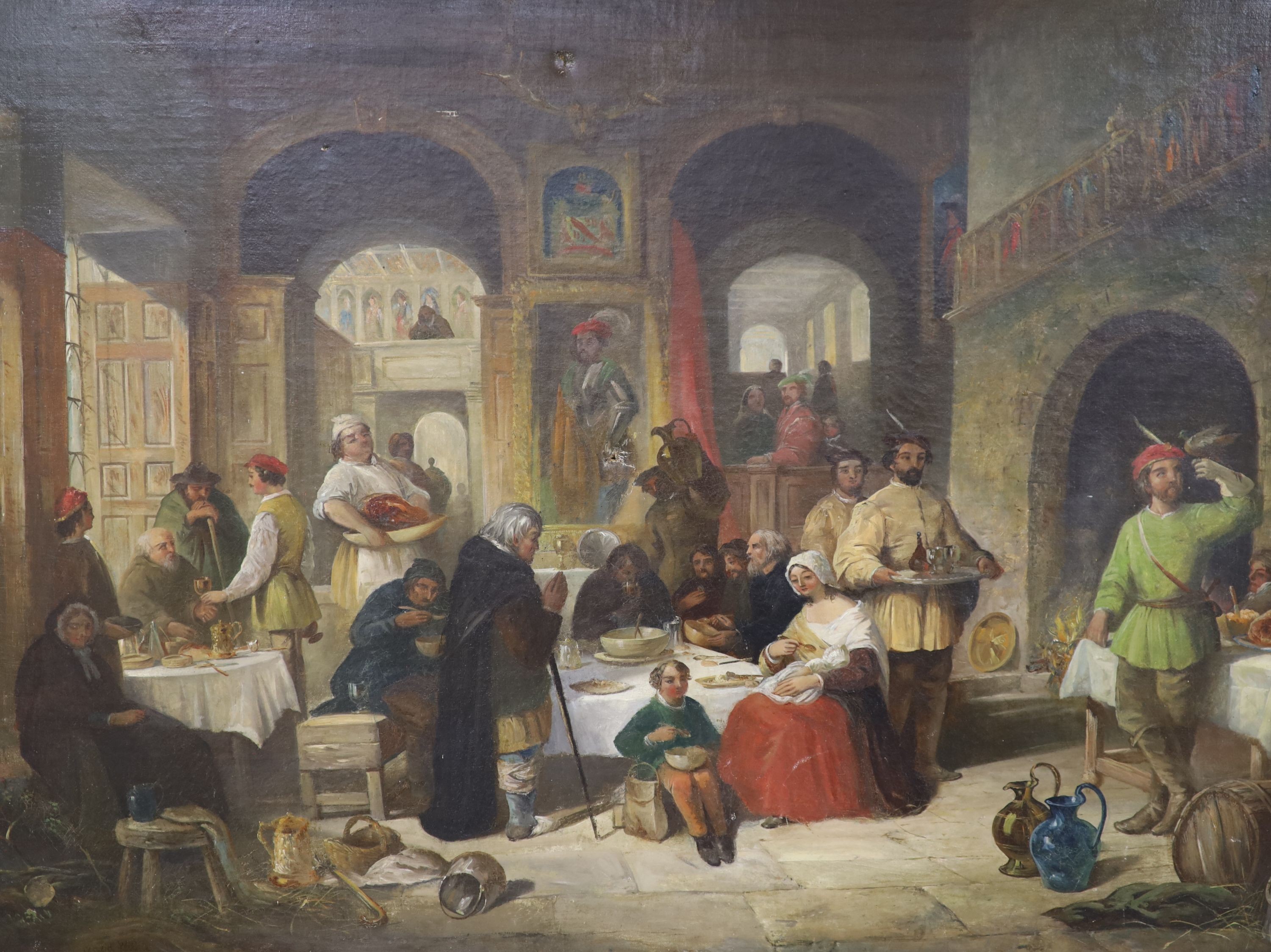 After David Wilkie, oil on canvas, mediaeval banquet, bears signature, 74 x 100 cm.